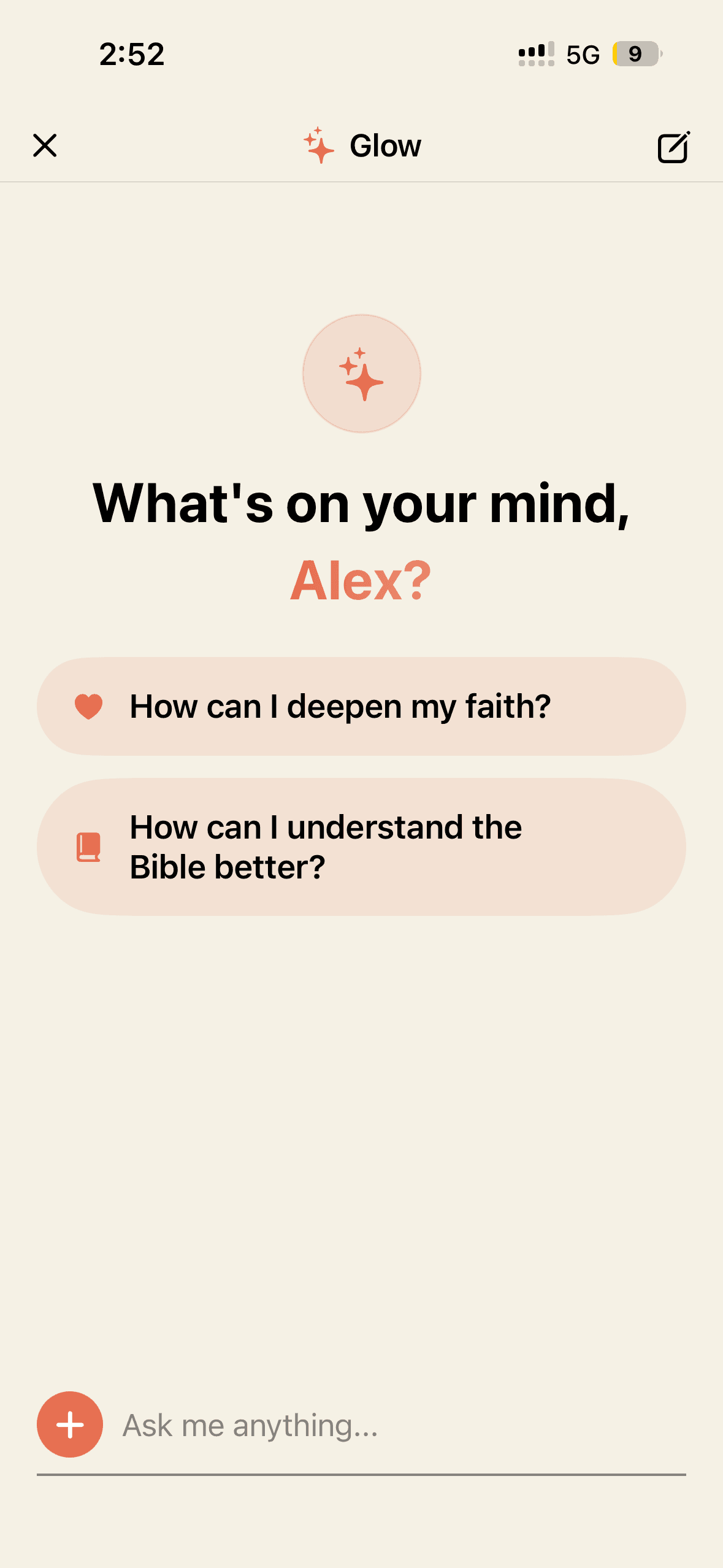 Glow AI Bible chat screen