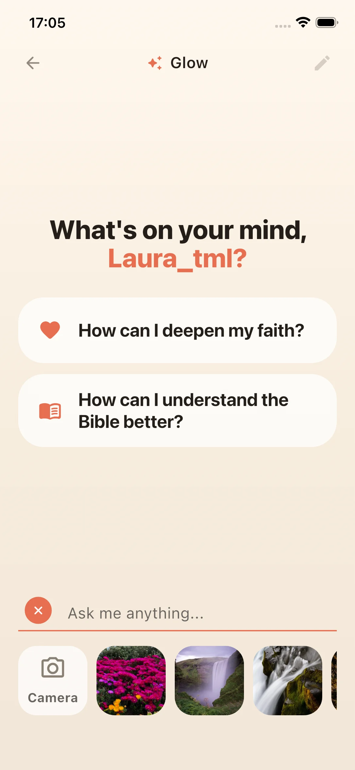 Glow AI Bible chat screen